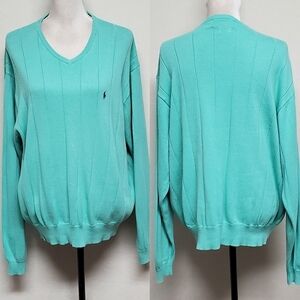 90s Vintage Polo Ralph Lauren Mint Green Wide Ribbed Knit V-neck Sweater Jumper